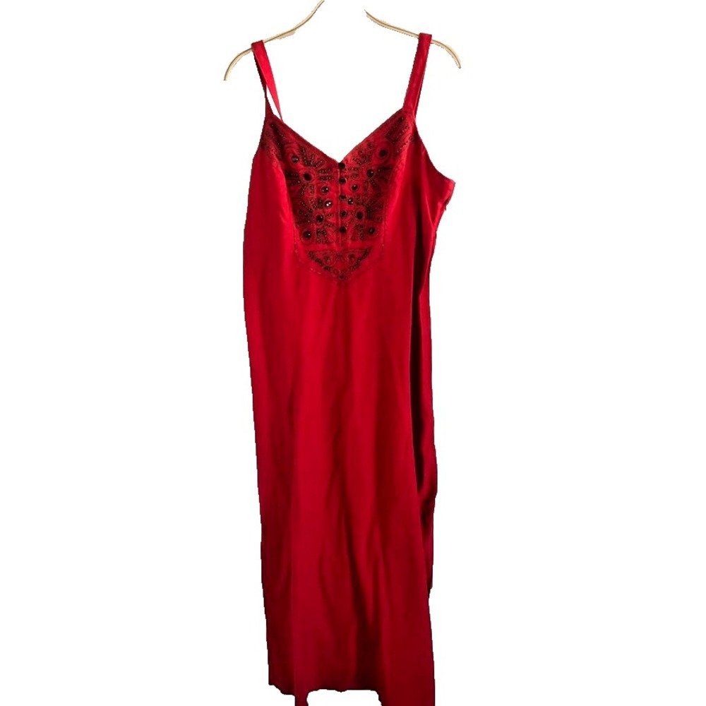 Vtg 90s Metrostyle 12T Midi Sun Dress‎ Y2k Red Linen Cotton Blend Boho Beaded